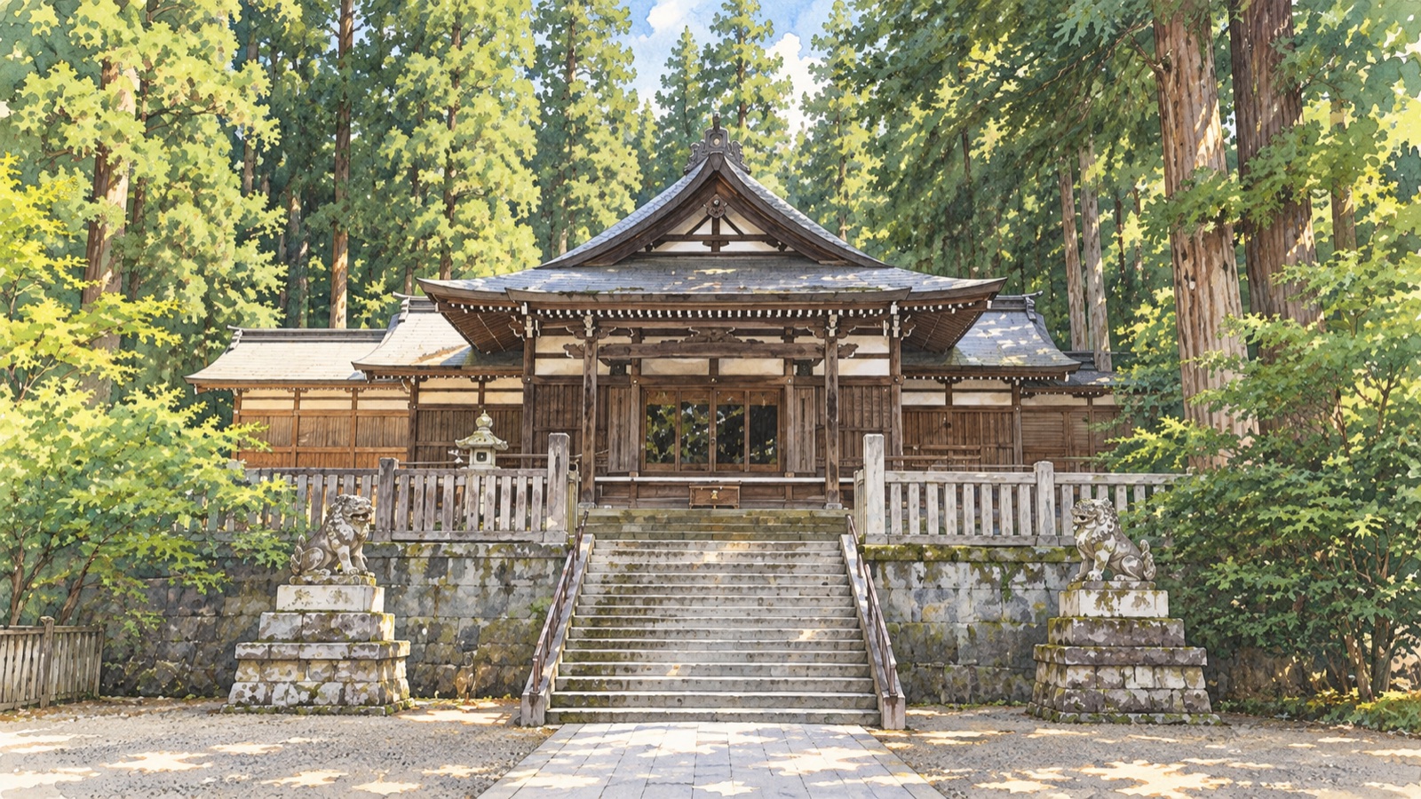 Illustration of the worship hall and front stone steps at Keta Wakamiya Shrine