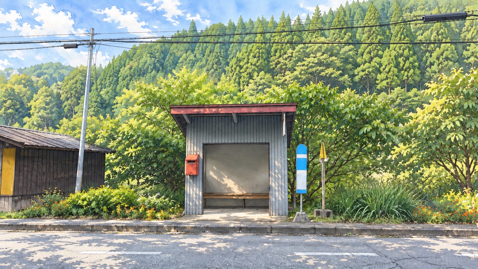Illustration of the gray metal shelter at Ochiai Bus Stop