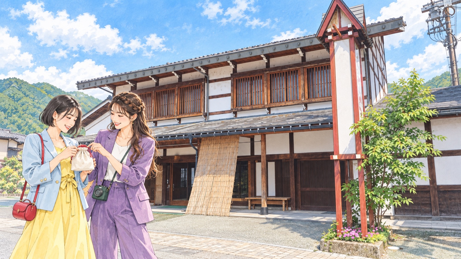 Illustration of two women outside Hida Furukawa Sakura Bussankan