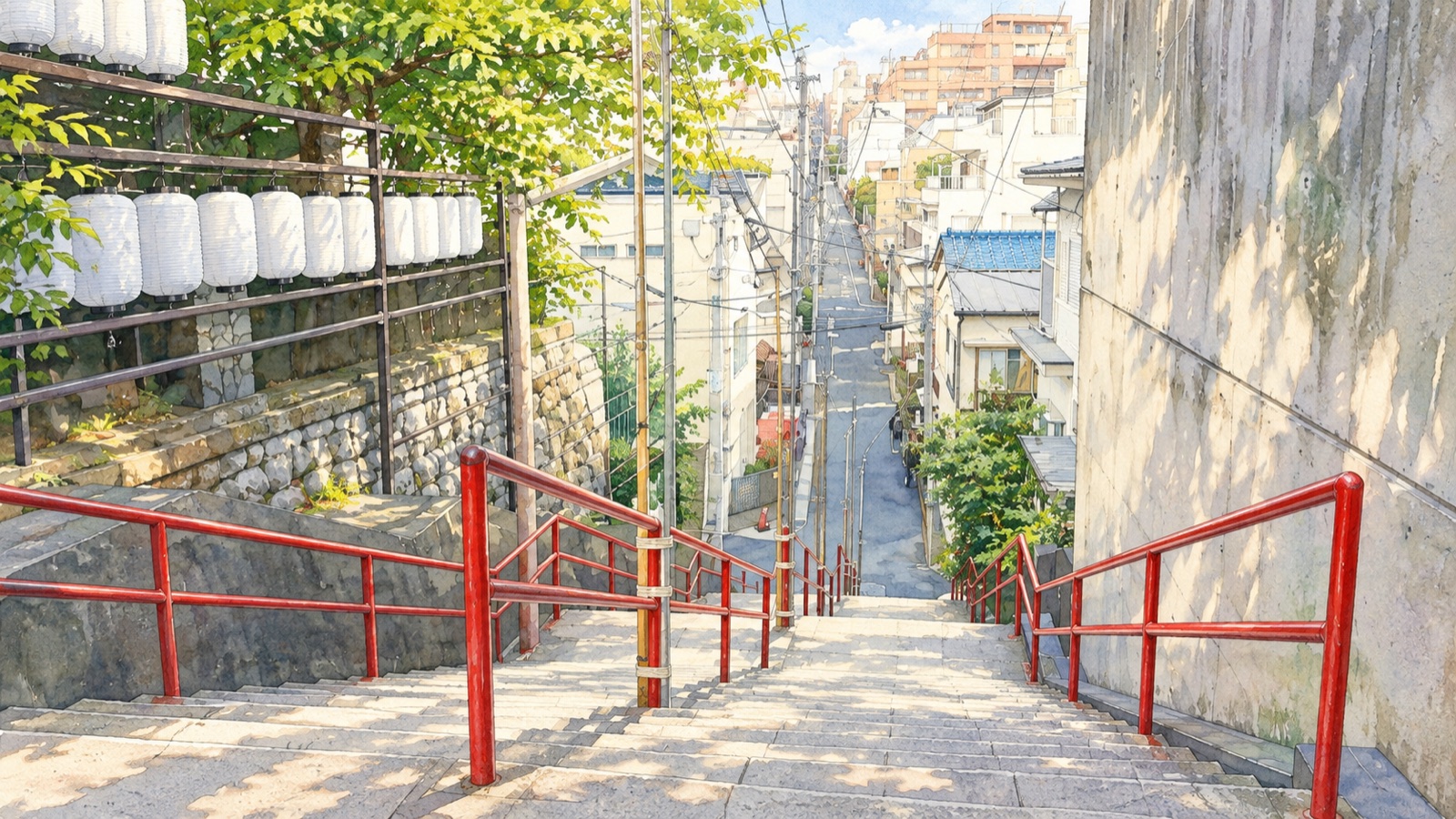 Illustration looking down the red-railed Otokozaka stone staircase at Suga Shrine