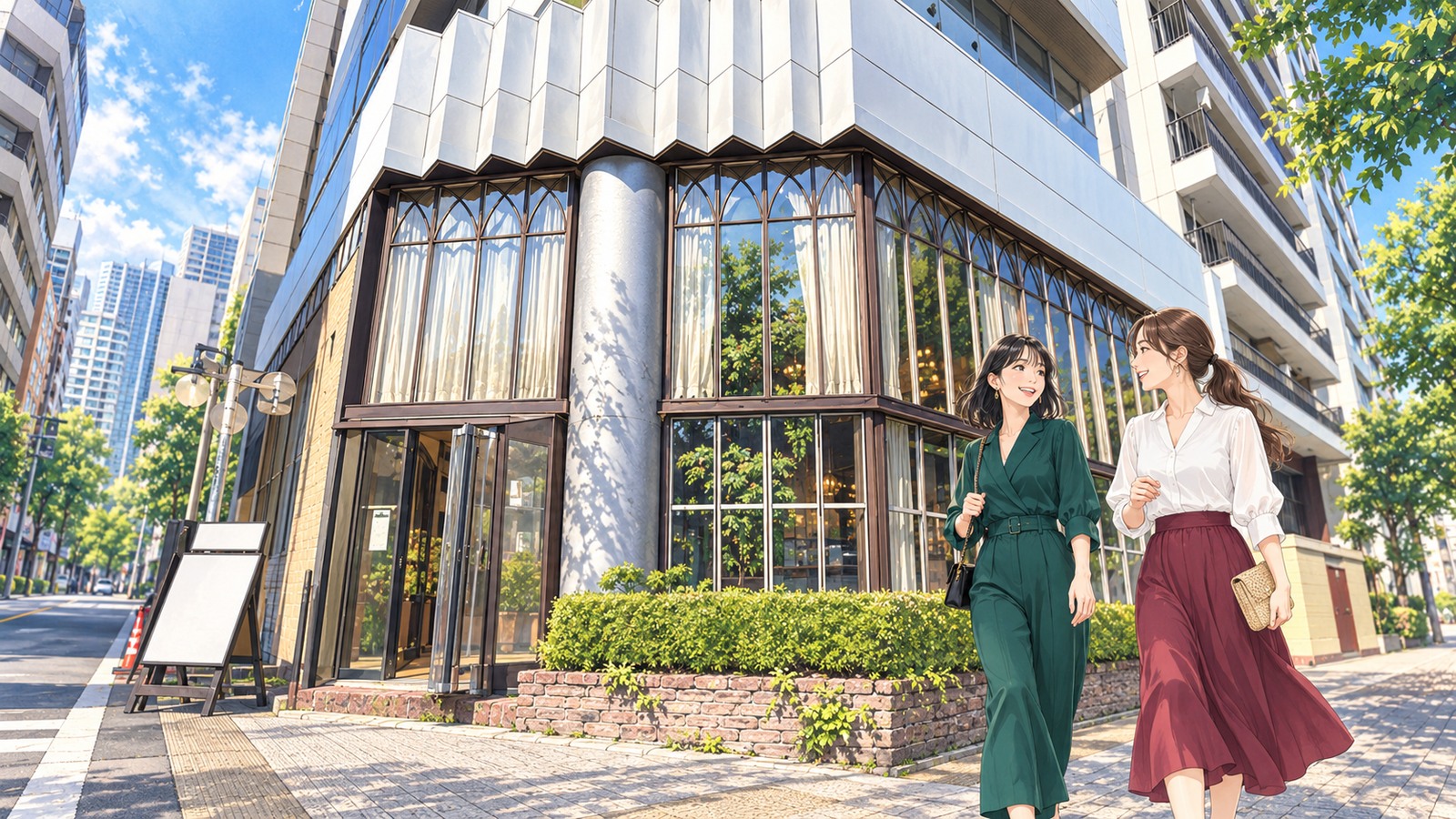 Illustration of the exterior of Cafe La Boheme Shinjuku Gyoen facing the greenery of the park