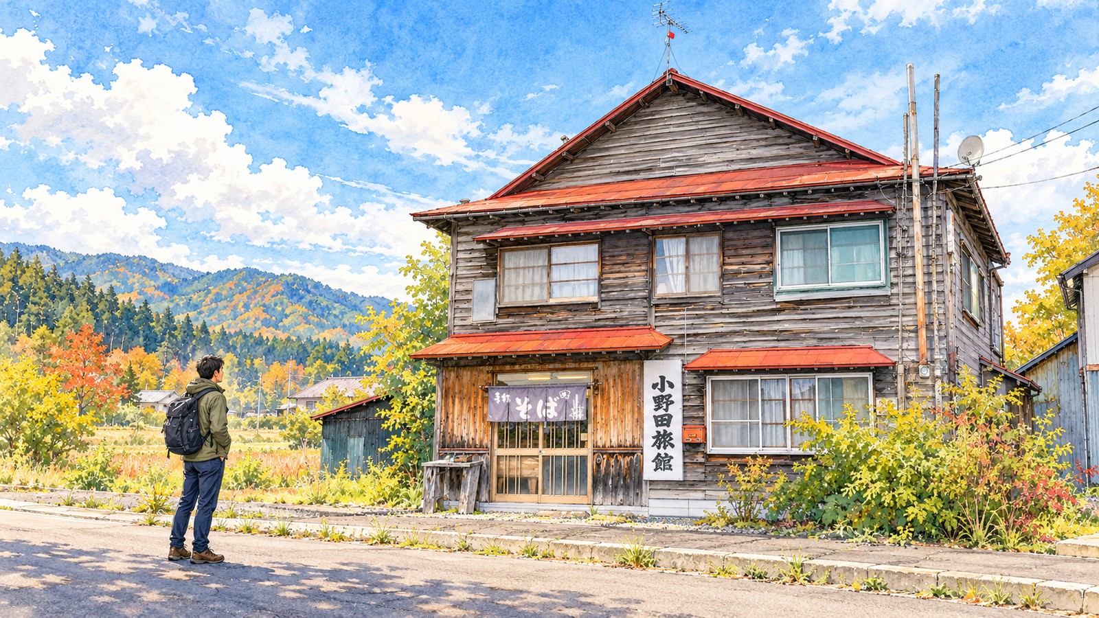 赤い屋根と板張りの壁に「手打そば」の暖簾と「小野田旅館」の看板がある建物を眺める男性のイラスト