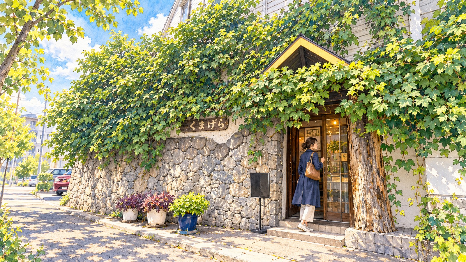 ツタに覆われた石積みの壁に「くまげら」の看板が掛かる富良野の店の入口へ入る女性のイラスト