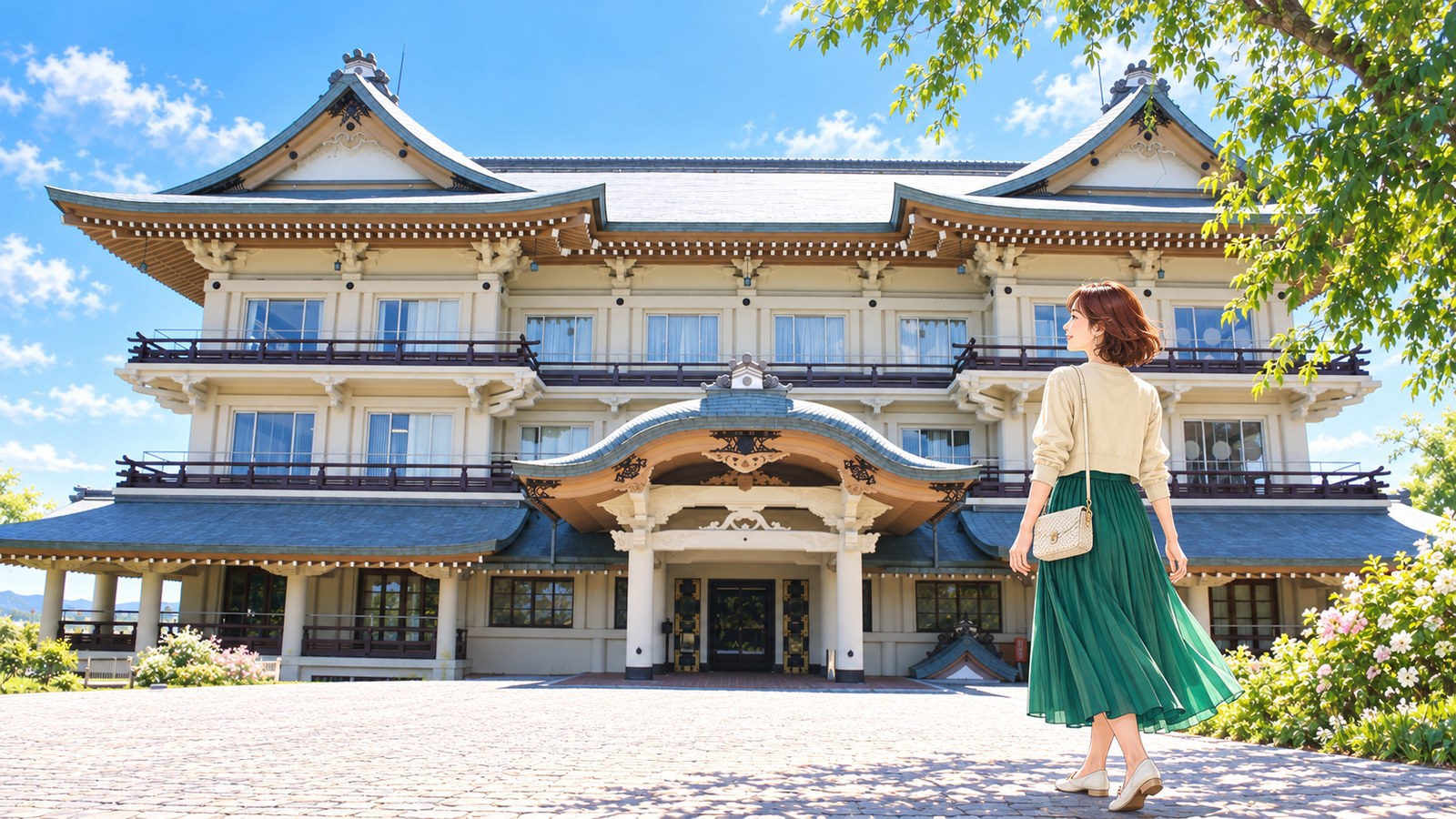 Illustration of Biwako Otsukan with its cream-colored exterior walls and twin roofs, with a woman standing in front
