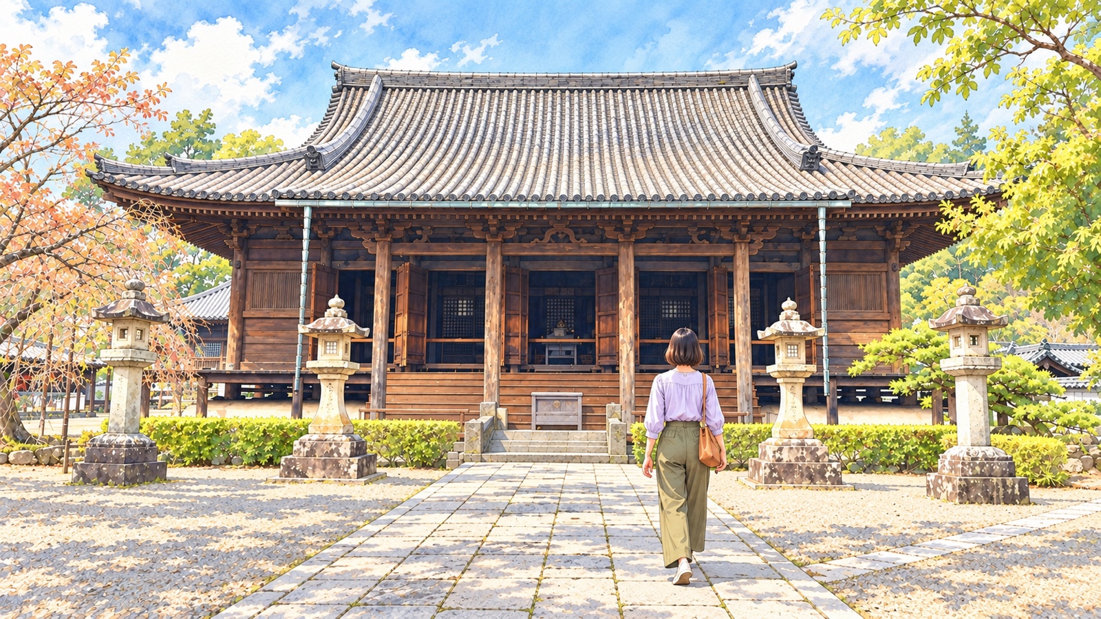 Illustration of a woman walking along the lantern-lined approach to the main hall of Dojo-ji Temple