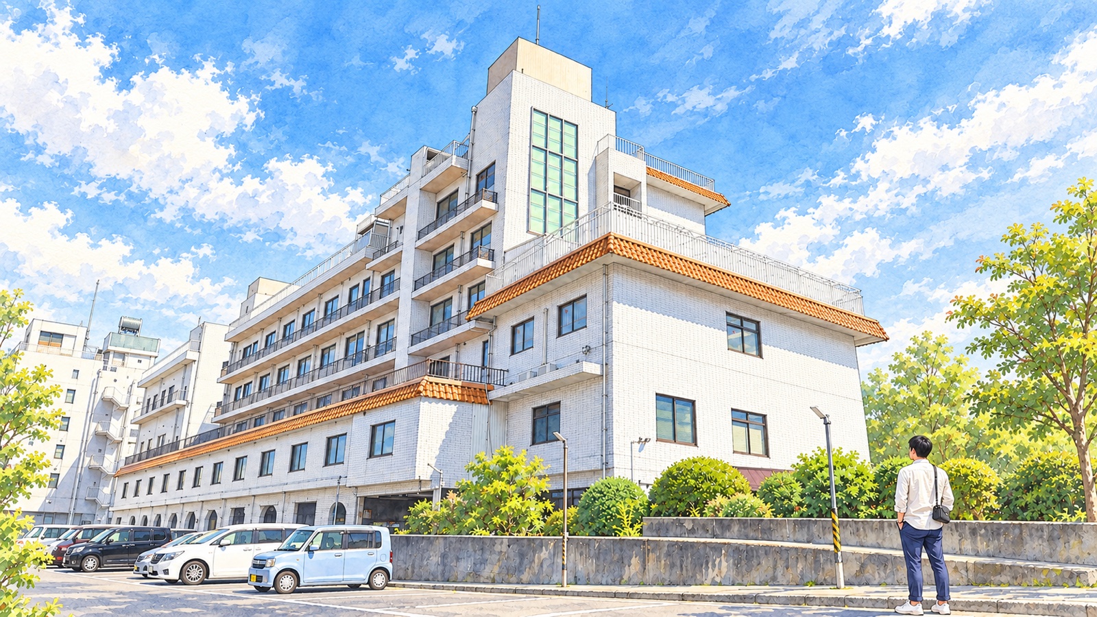 Illustration of the exterior of Hotel Ito with vertical green windows and orange roof trim