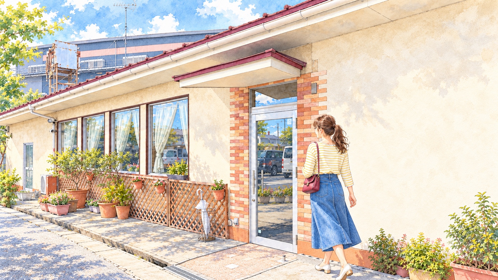 Illustration of Restaurant Hyakkaen with its brick-trimmed entrance and a woman in the foreground
