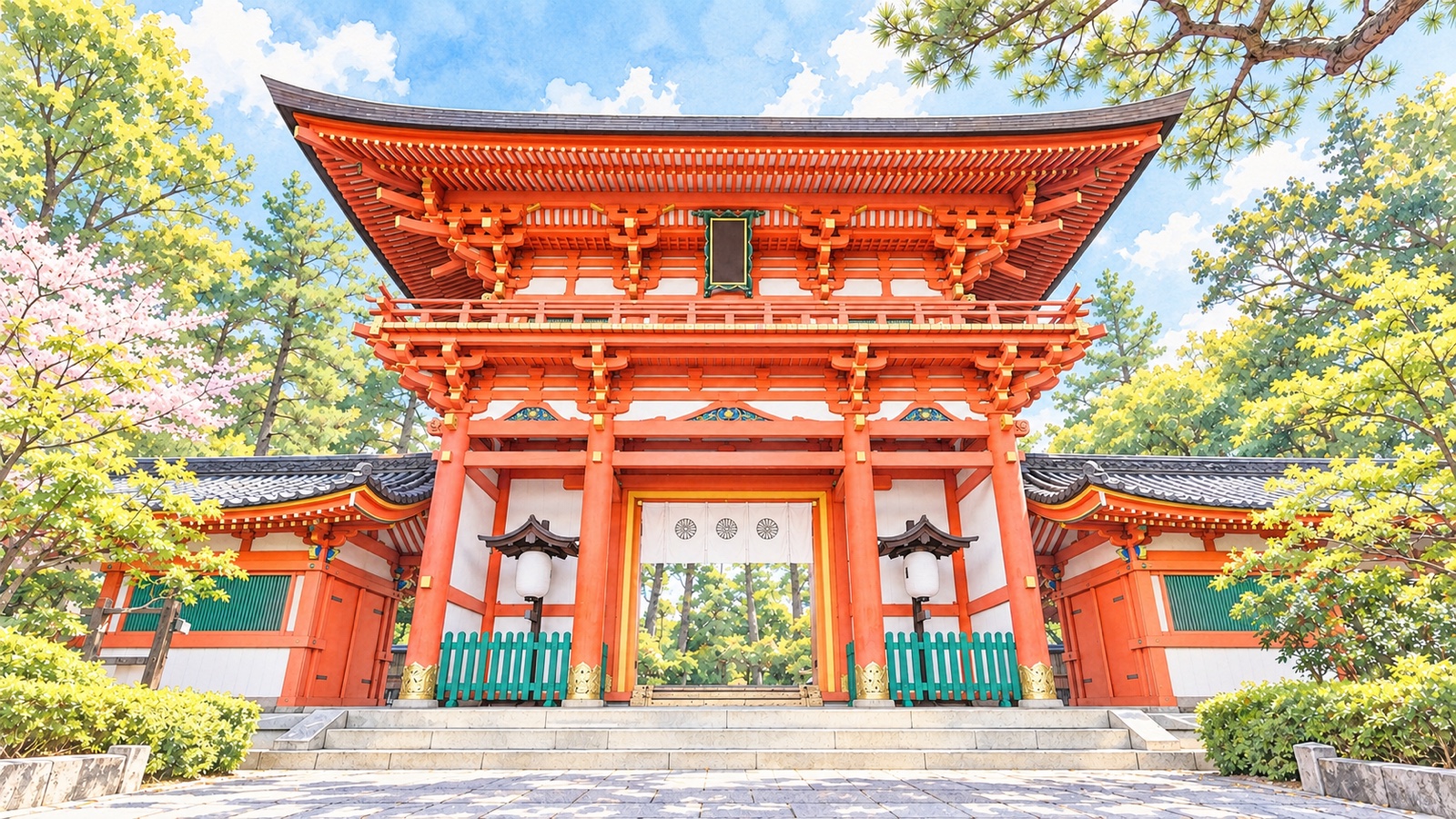 Illustration of Imamiya Shrine with its vermilion gate and green fence