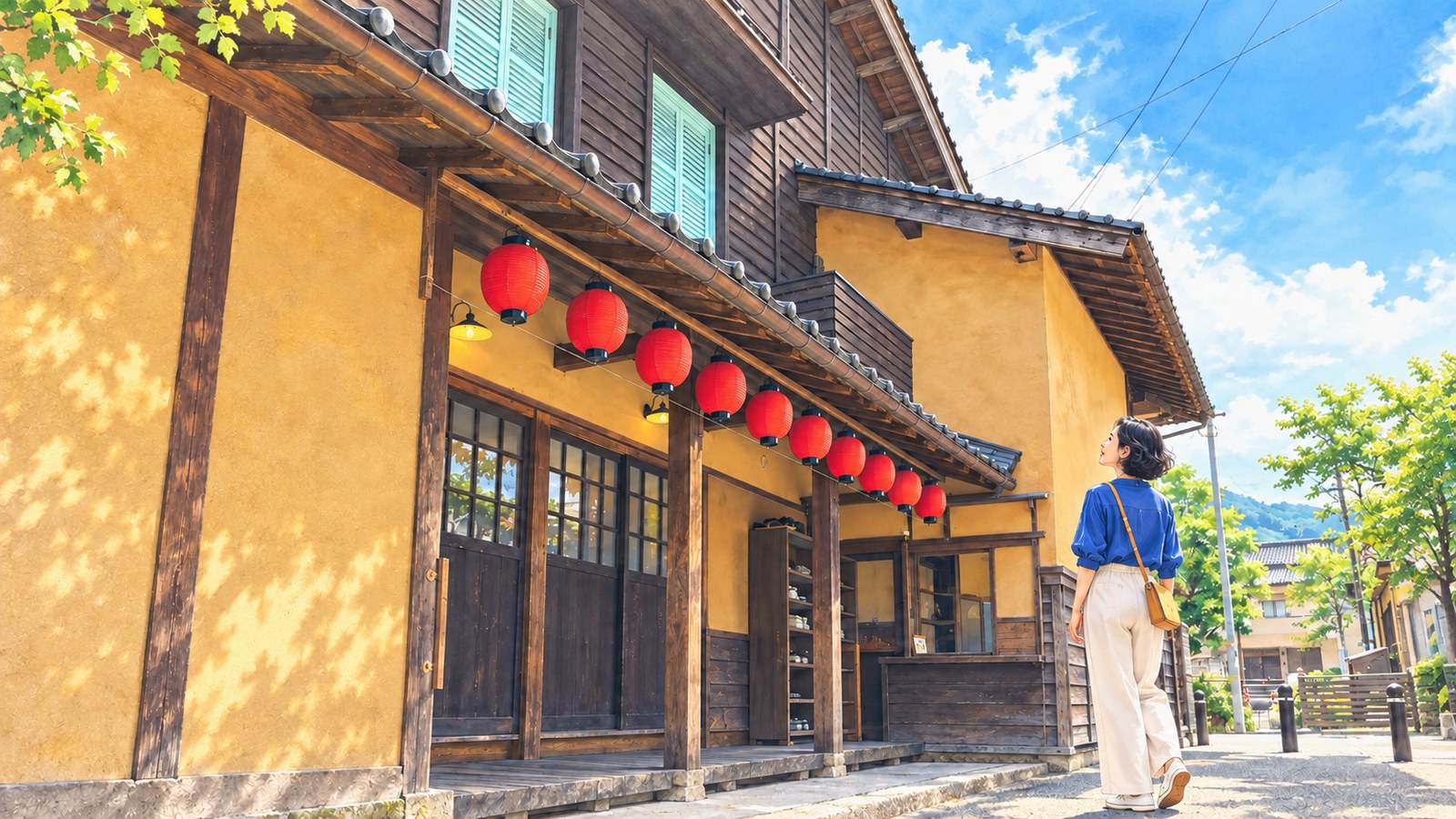 Illustration of the exterior of Izushi Eirakukan hung with red lanterns, with a woman standing out front