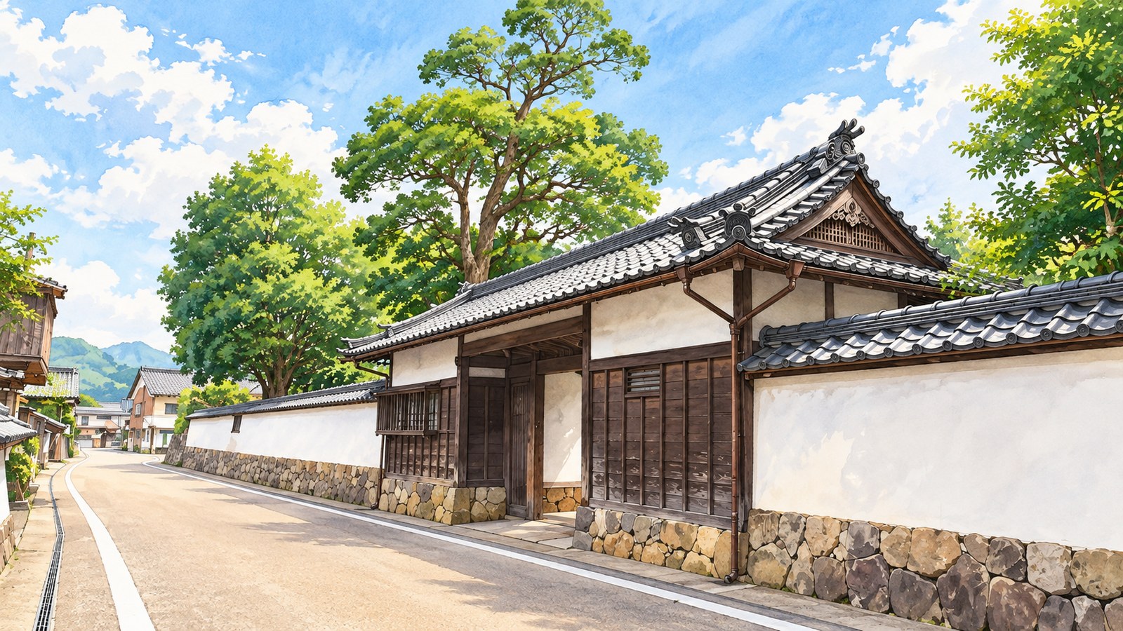 Illustration of the tiled roof, white plaster walls, and wooden latticework of Izushi Karo Yashiki