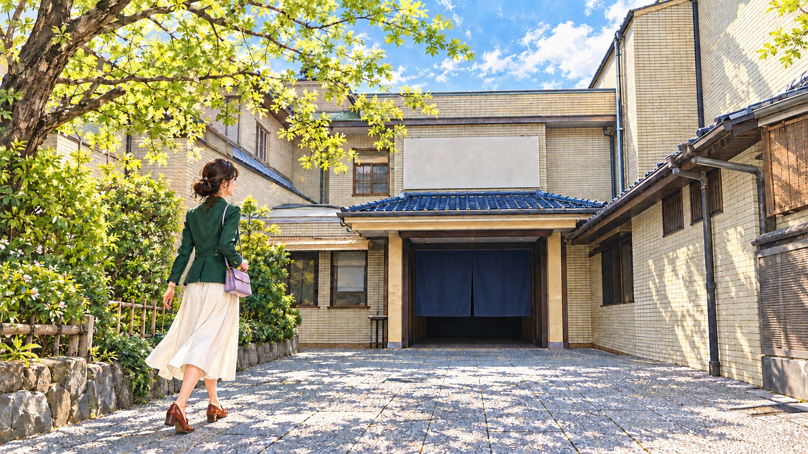 Illustration of Kamishichiken Kaburenjo Theater with its blue tiled roof and cream walls, and a woman in the foreground