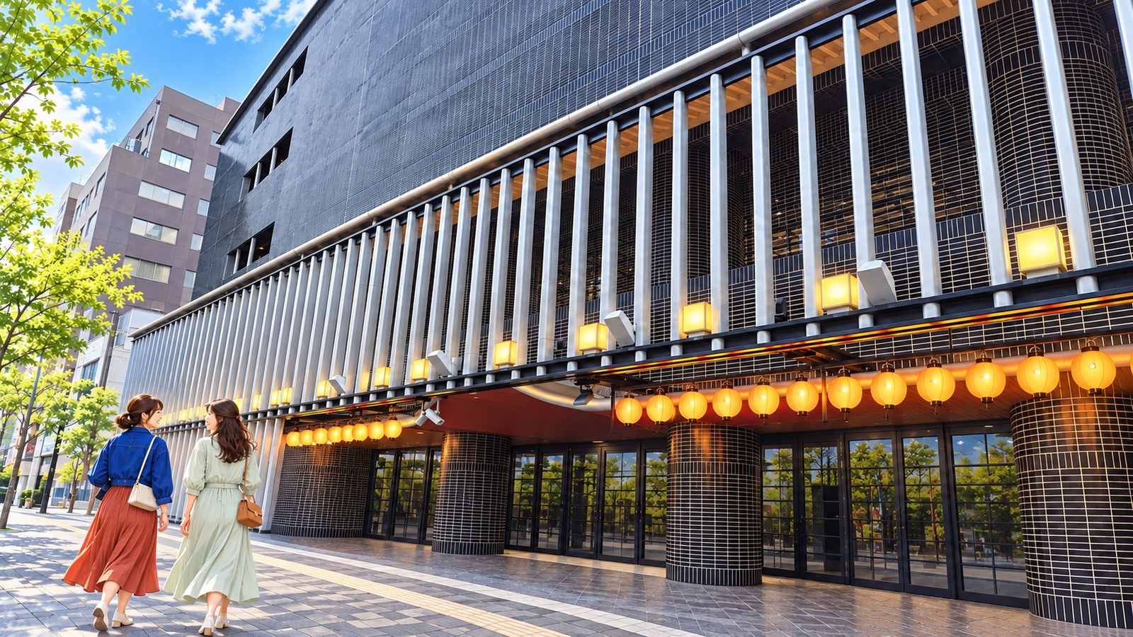 Illustration of the National Bunraku Theatre with vertical lattices and orange lanterns, with two women in front