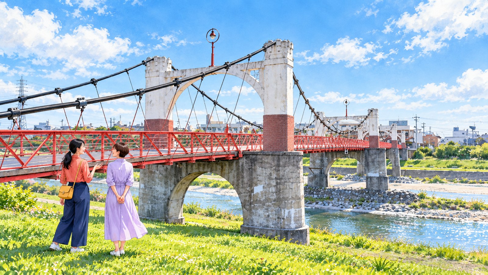 Illustration of two women visiting Tamate Bridge with its white towers and red suspension structure