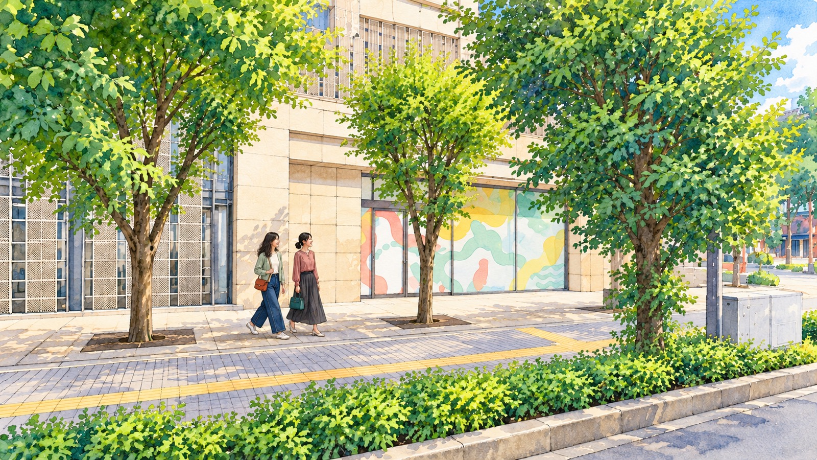 くまモンスクエアが入るテトリアくまもとの前の歩道を歩く成人女性二人のイラスト