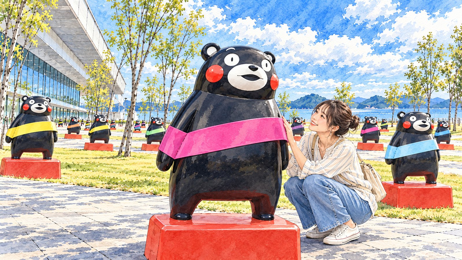 Illustration of Kumamon statues on a red pedestal at Yatsushiro Port, with a woman crouching beside them.