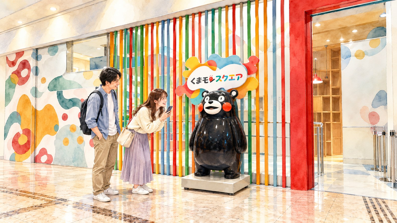 虹色の柱と「くまモンスクエア」の看板、くまモン像のある入口でスマートフォンを向ける女性のイラスト
