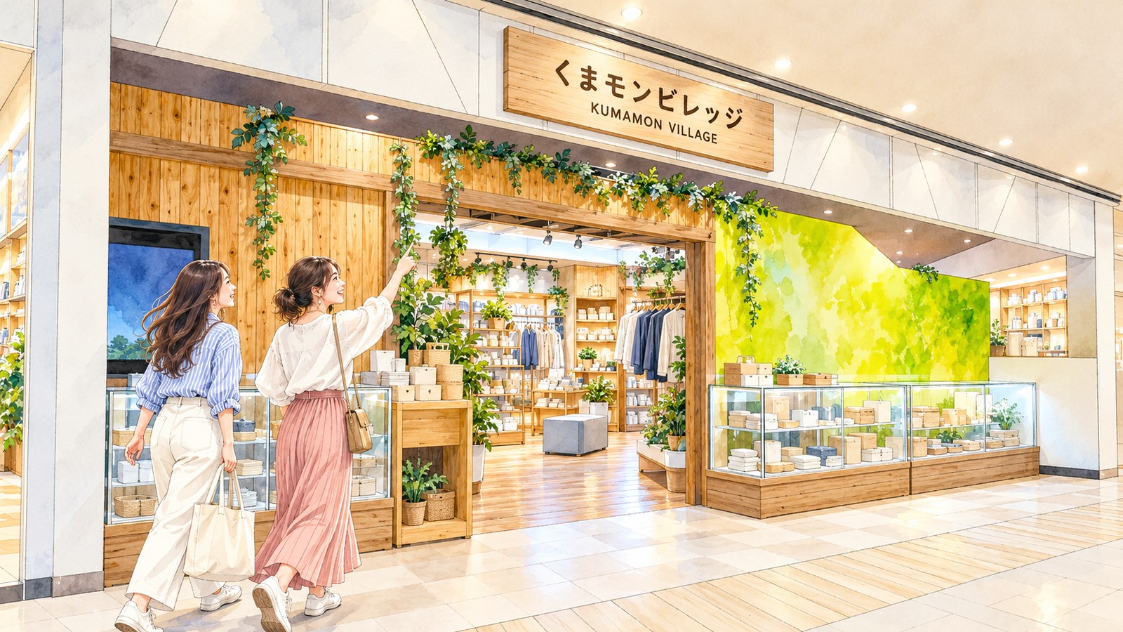 木の看板「くまモンビレッジ」を掲げた店の入口へ向かう二人の女性のイラスト
