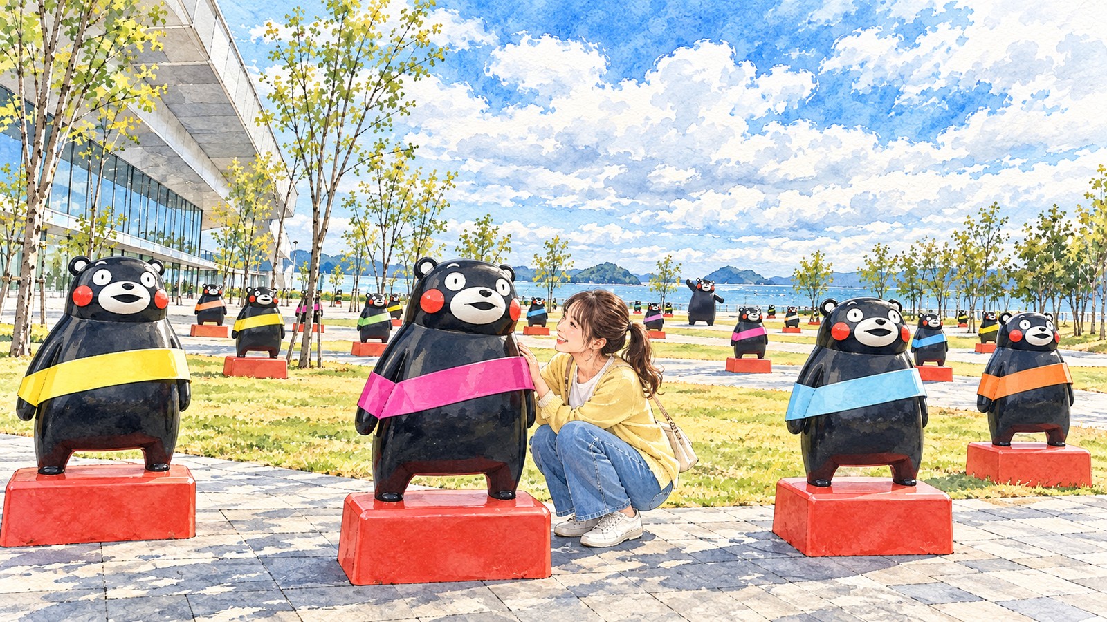 赤い台座に並ぶくまモン像のそばにしゃがむ女性と、八代港のターミナルのイラスト