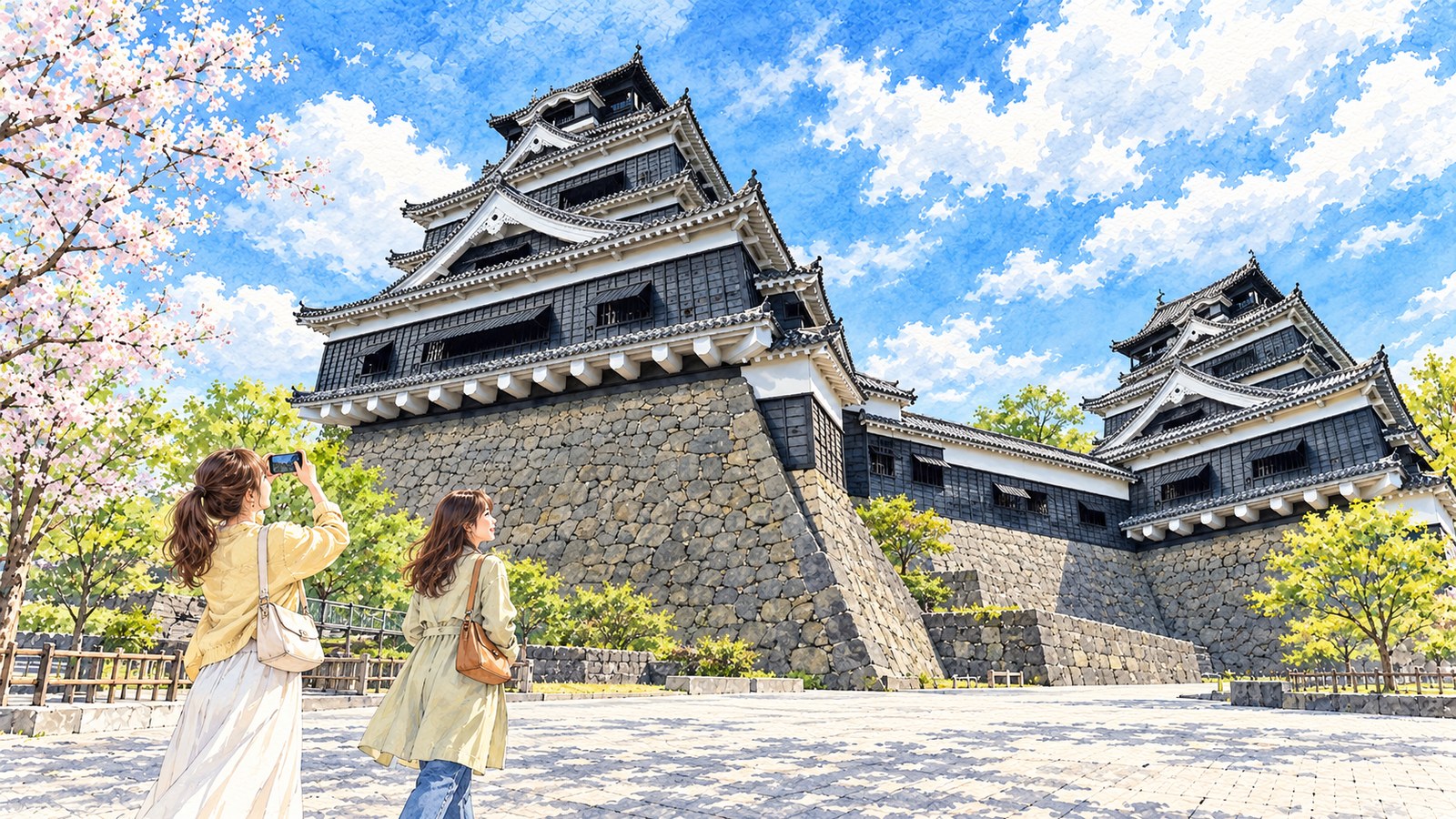 石垣の上にそびえる熊本城の天守へ広場を歩く二人の女性のイラスト