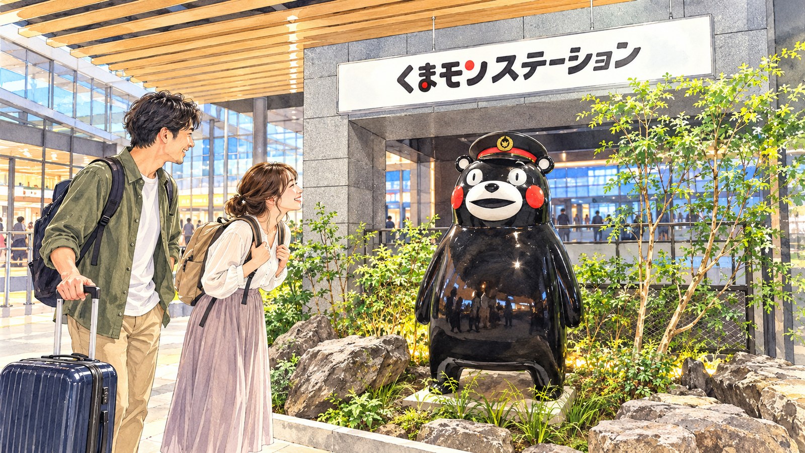 「くまモンステーション」の看板と岩の上の駅長帽のくまモン像を見る二人のイラスト