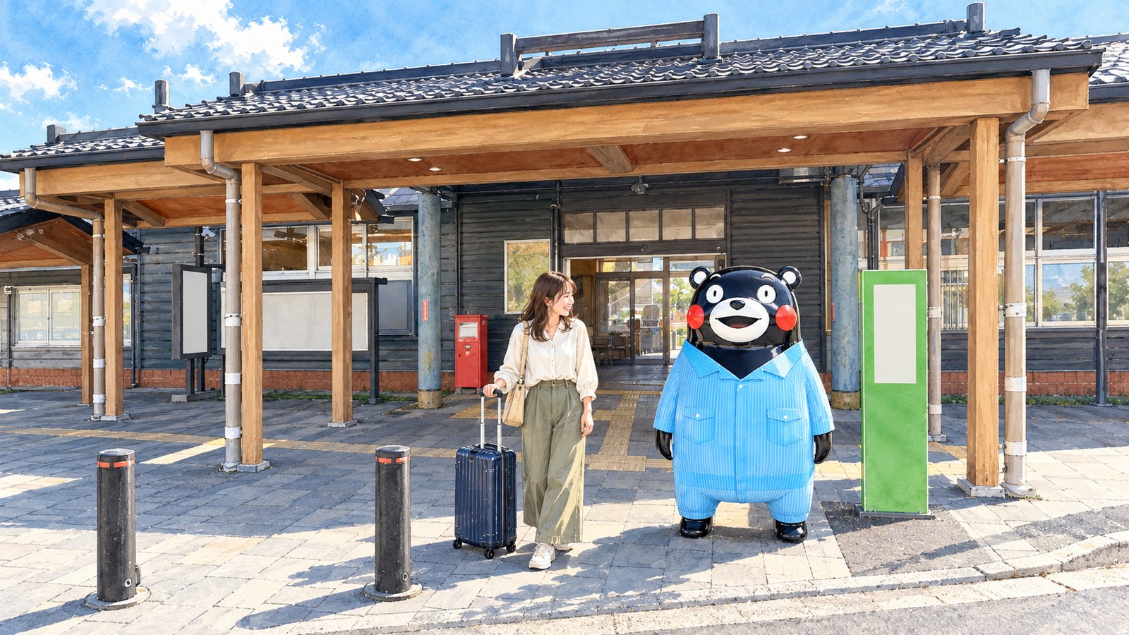 木の庇の肥後大津駅前で、作業服姿のくまモン像を見る女性のイラスト