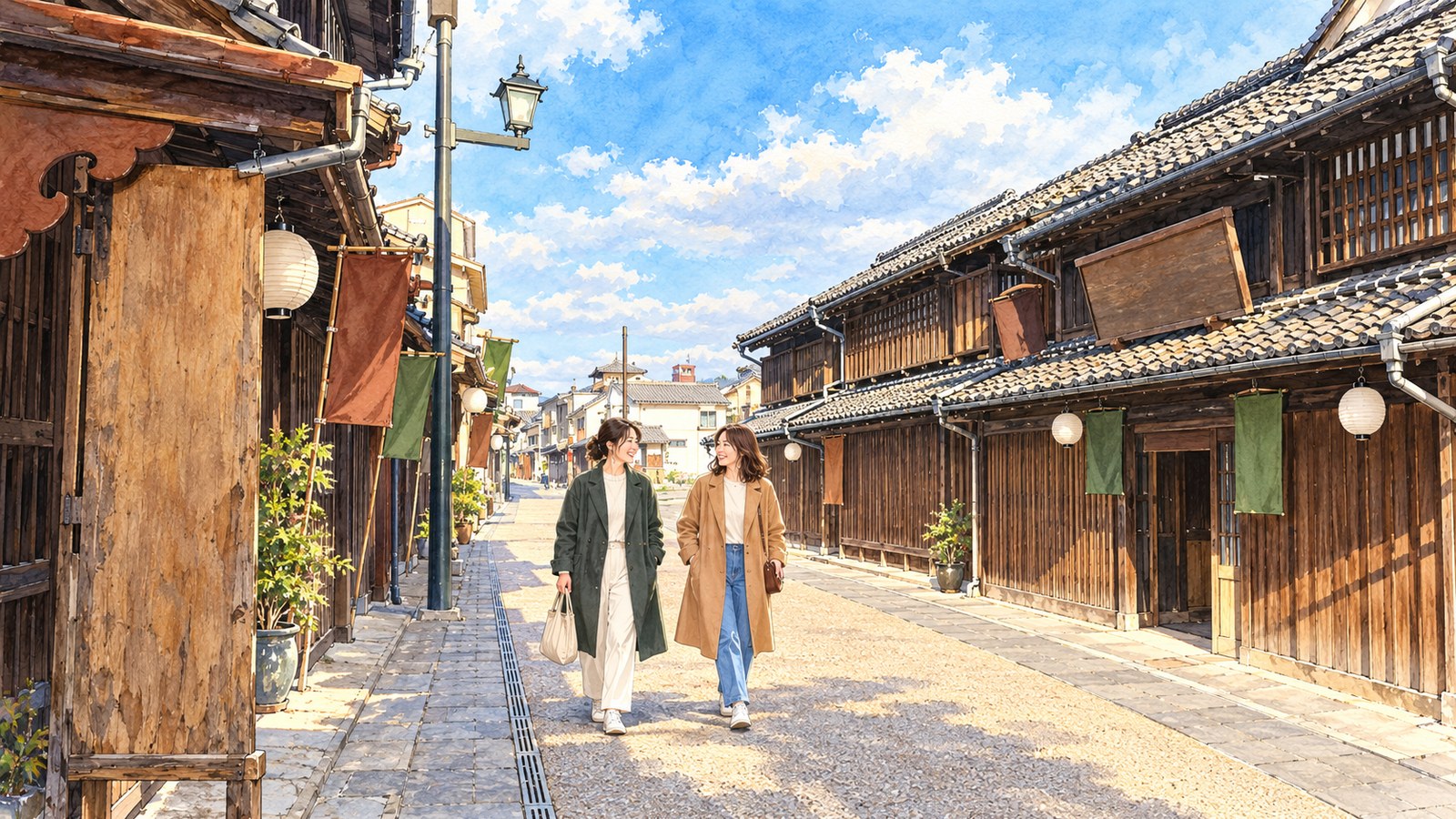 提灯と小旗が並ぶ山鹿の豊前街道の古い町並みを歩く二人の女性のイラスト