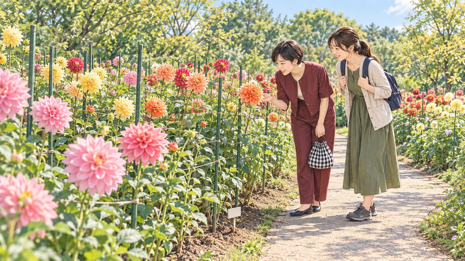 花の咲く庭園の小道で植物を観察する二人の女性のイラスト
