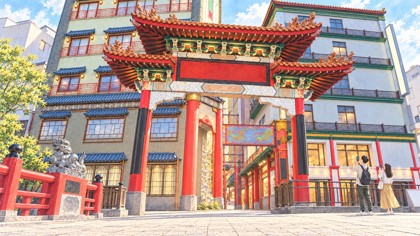 Illustration of two travelers looking up at a vermilion gate in Yokohama Chinatown.