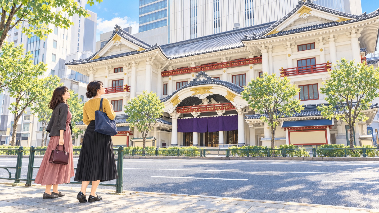 通りの向かいから和風の大きな劇場を見上げる二人の女性のイラスト