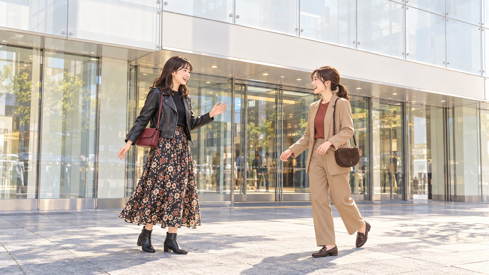 銀座の百貨店の前で待ち合わせる二人の女性のイラスト