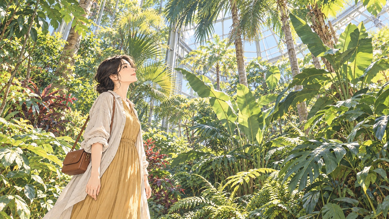 温室の熱帯植物を見上げる女性のイラスト