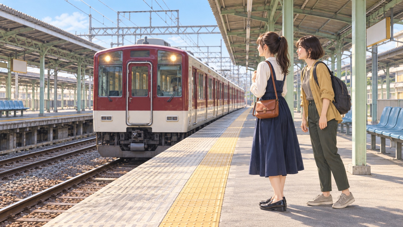 駅のホームに入ってくる電車を見る二人の若者のイラスト