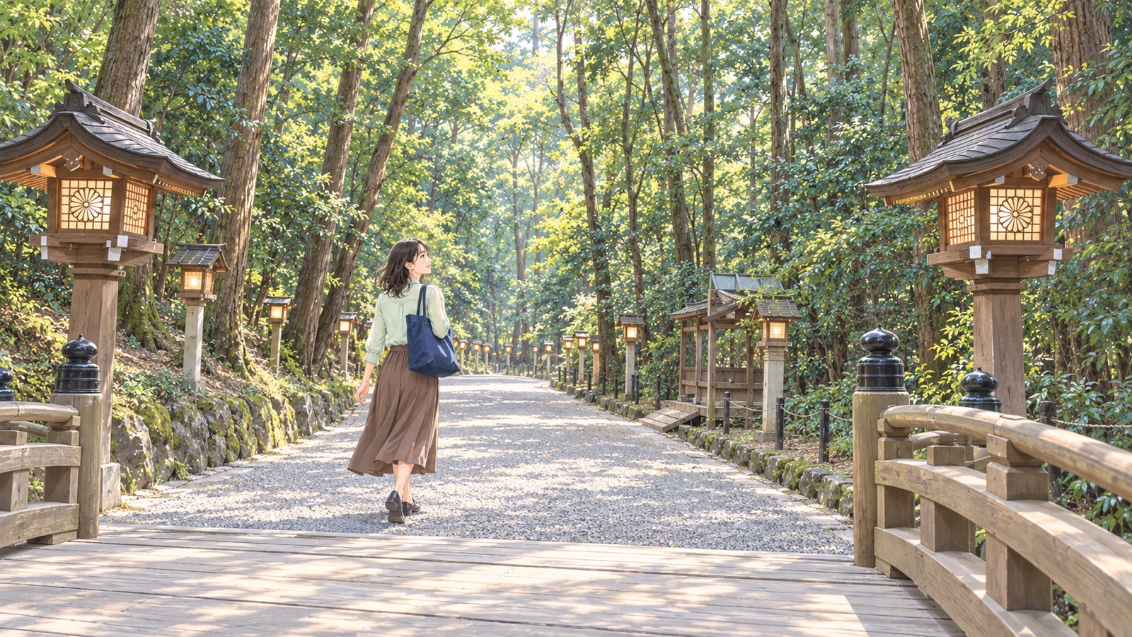 木立と灯籠が並ぶ神社の参道を、トートバッグを肩に掛けて歩く女性のイラスト