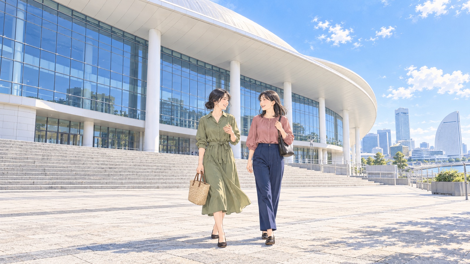 海沿いの大きなホールの前の広場を、話しながら歩く二人の女性のイラスト