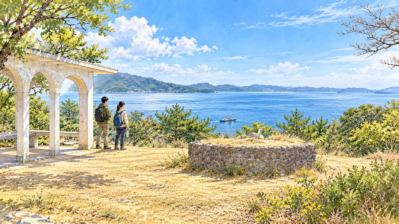 タカノス山展望台の白いアーチの東屋のそばで、紀淡海峡と島々を眺める二人