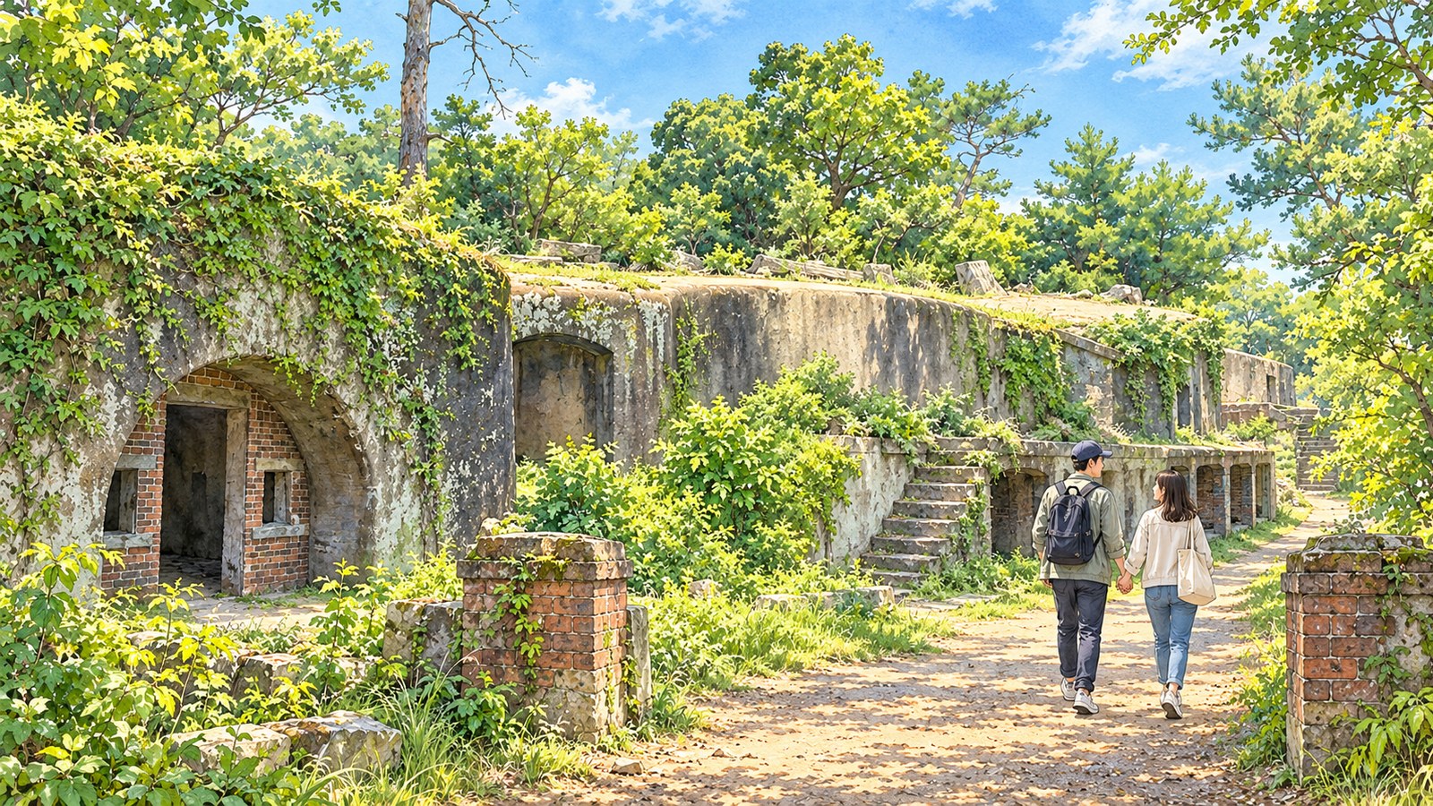蔦に覆われた第5砲台跡のアーチの入口と石段の前の小道を歩く二人