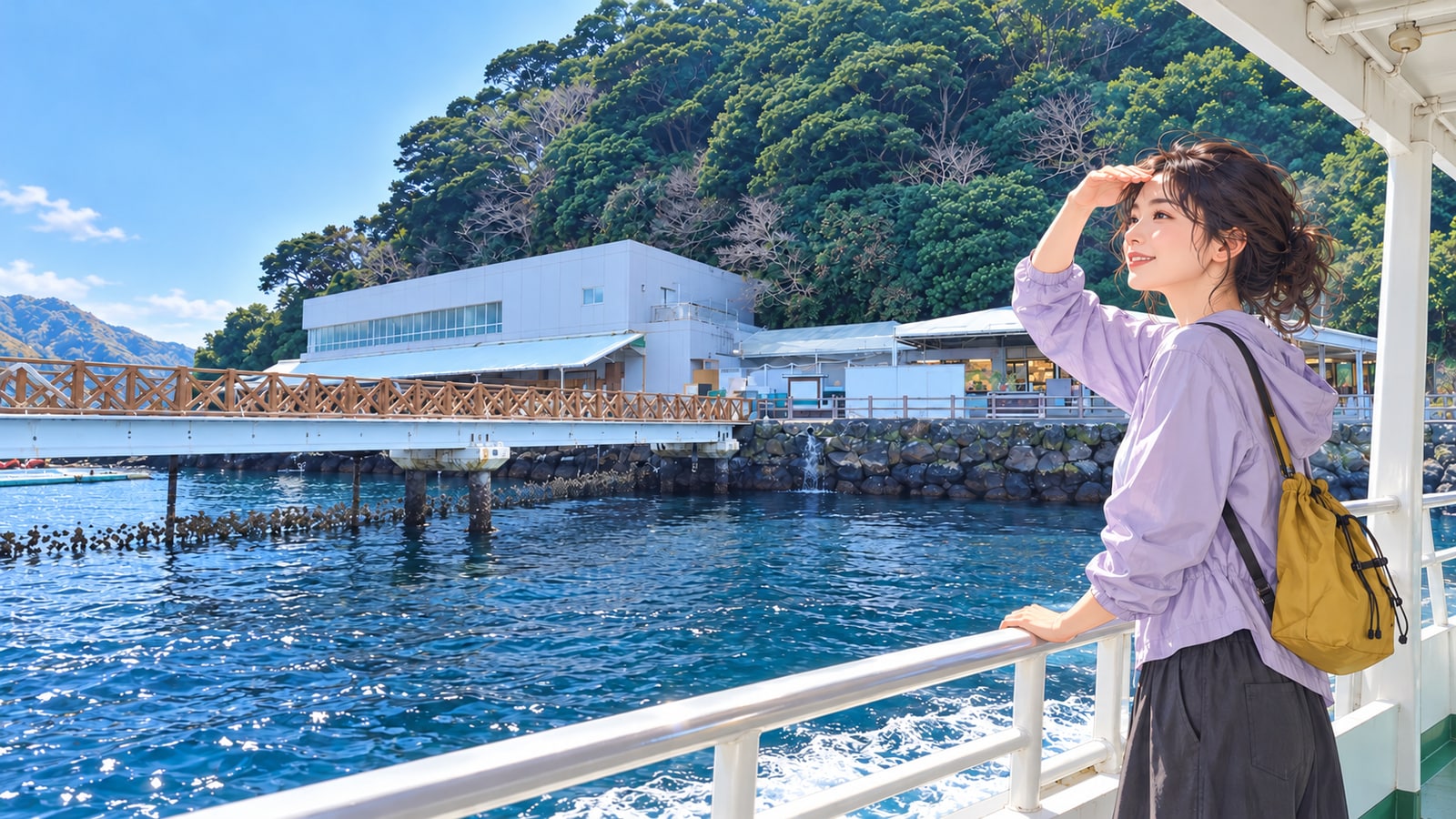 淡島の白い建物と森、船の手すり越しに島を眺める旅行者のイラスト
