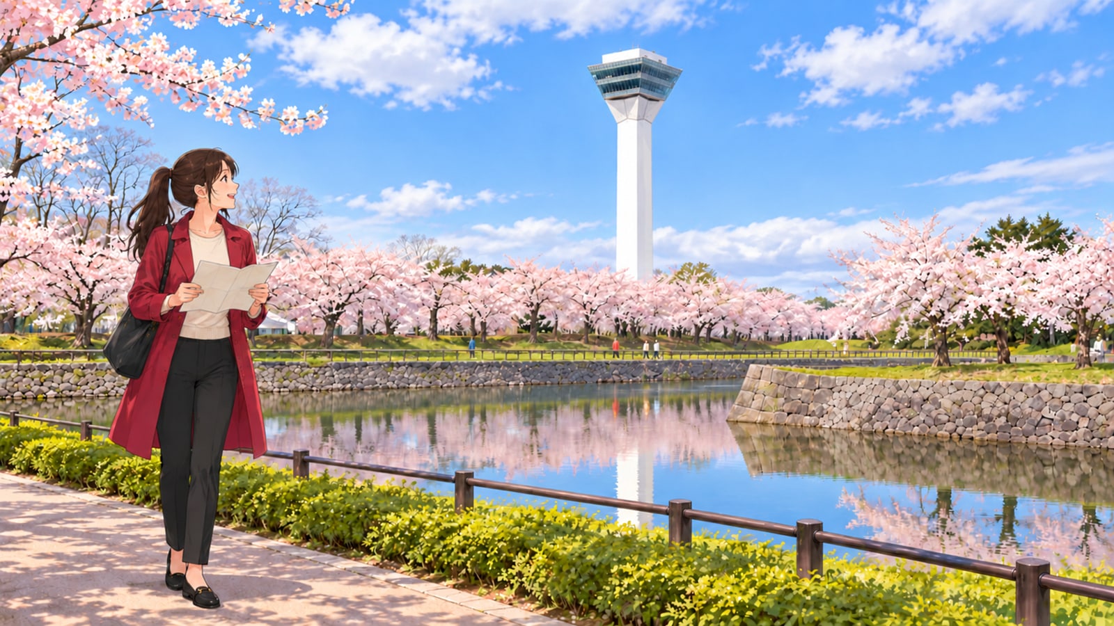 五稜郭タワーと堀、地図を持つ旅行者のイラスト