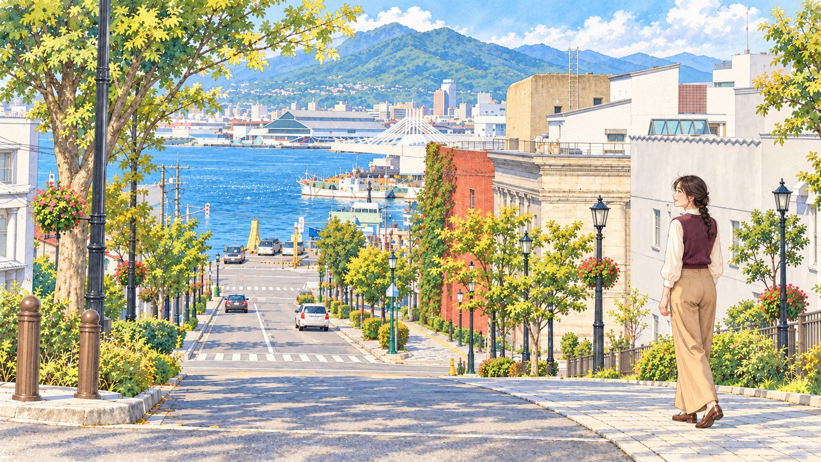 八幡坂からまっすぐ先に港を望む風景と、歩道に立つ旅行者のイラスト