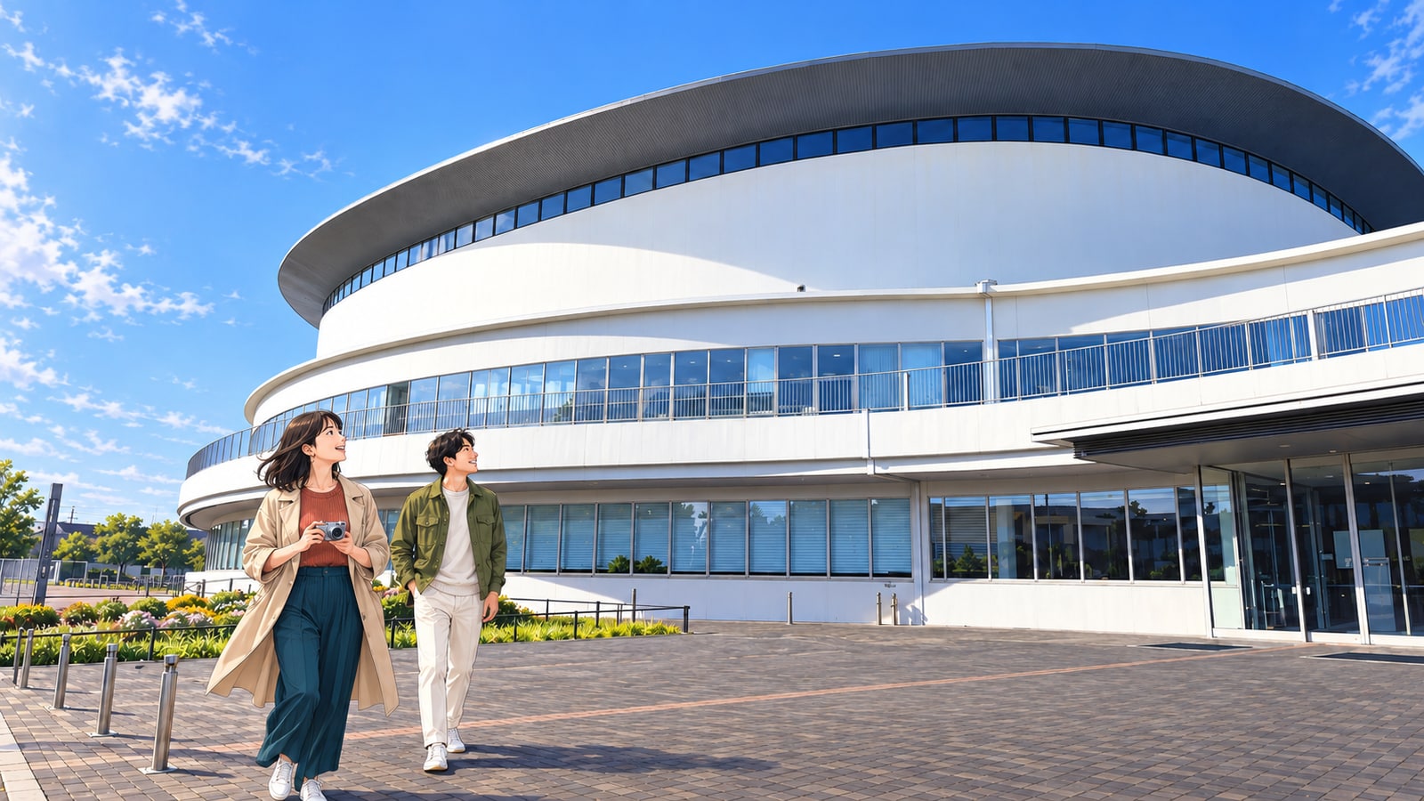函館アリーナの曲面屋根とガラス張りの外壁を訪れる二人の旅行者のイラスト
