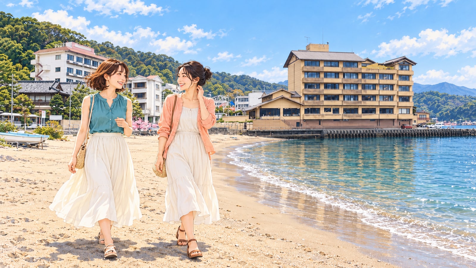 三津海水浴場の砂浜と安田屋旅館を背景にした二人の女性のイラスト