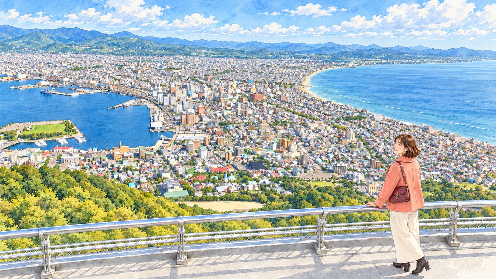 函館山から半島状に広がる街と両側の海を眺める旅行者のイラスト