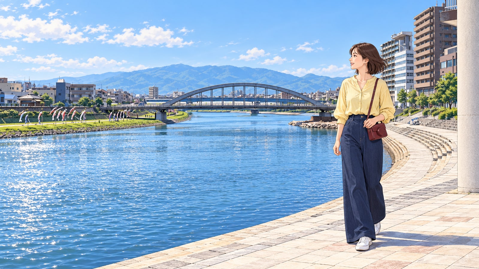 狩野川に架かるあゆみ橋のアーチと川沿いの段々の広場、女性のイラスト