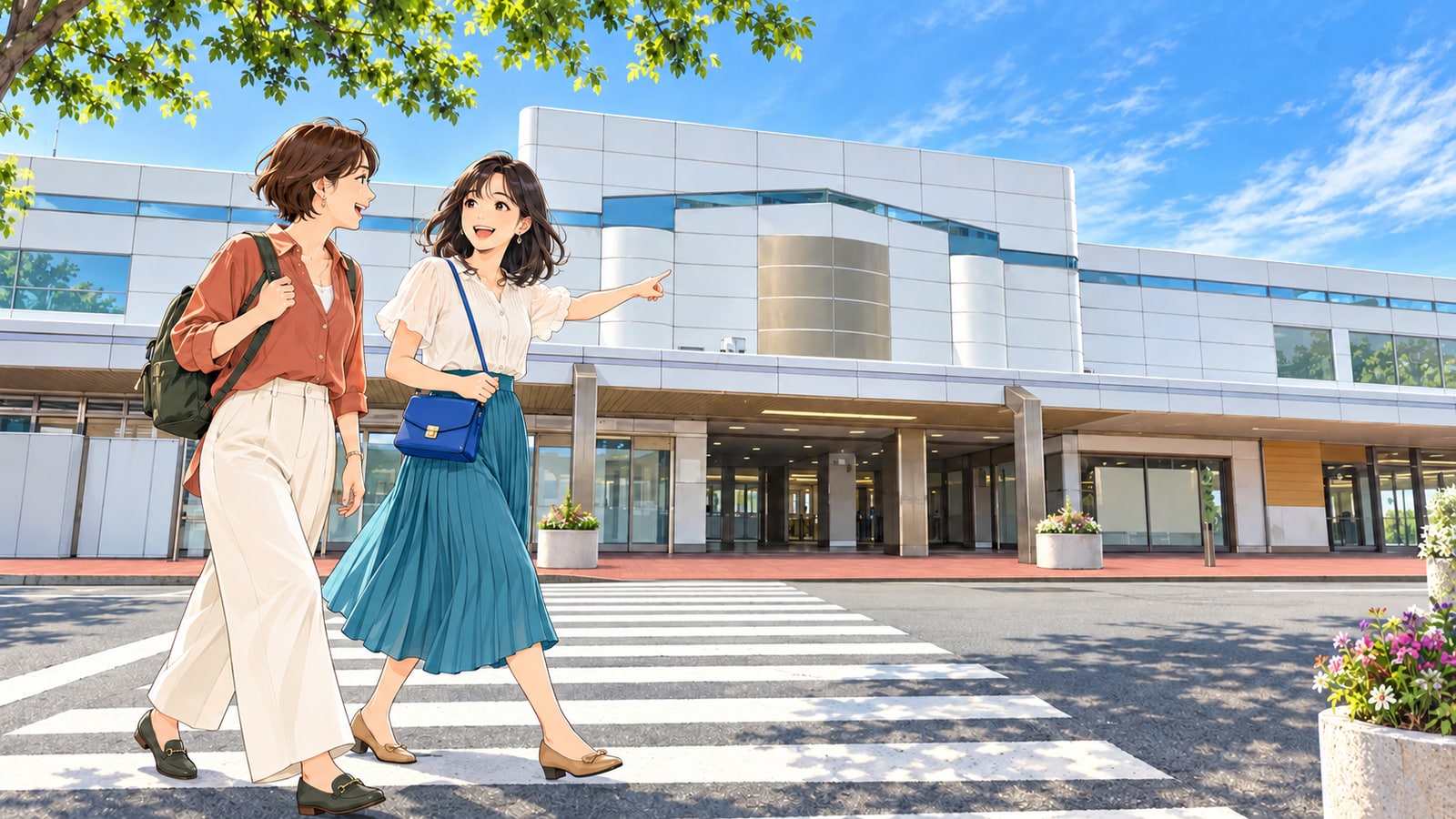 沼津駅南口の駅舎と横断歩道を訪れる二人の旅行者のイラスト