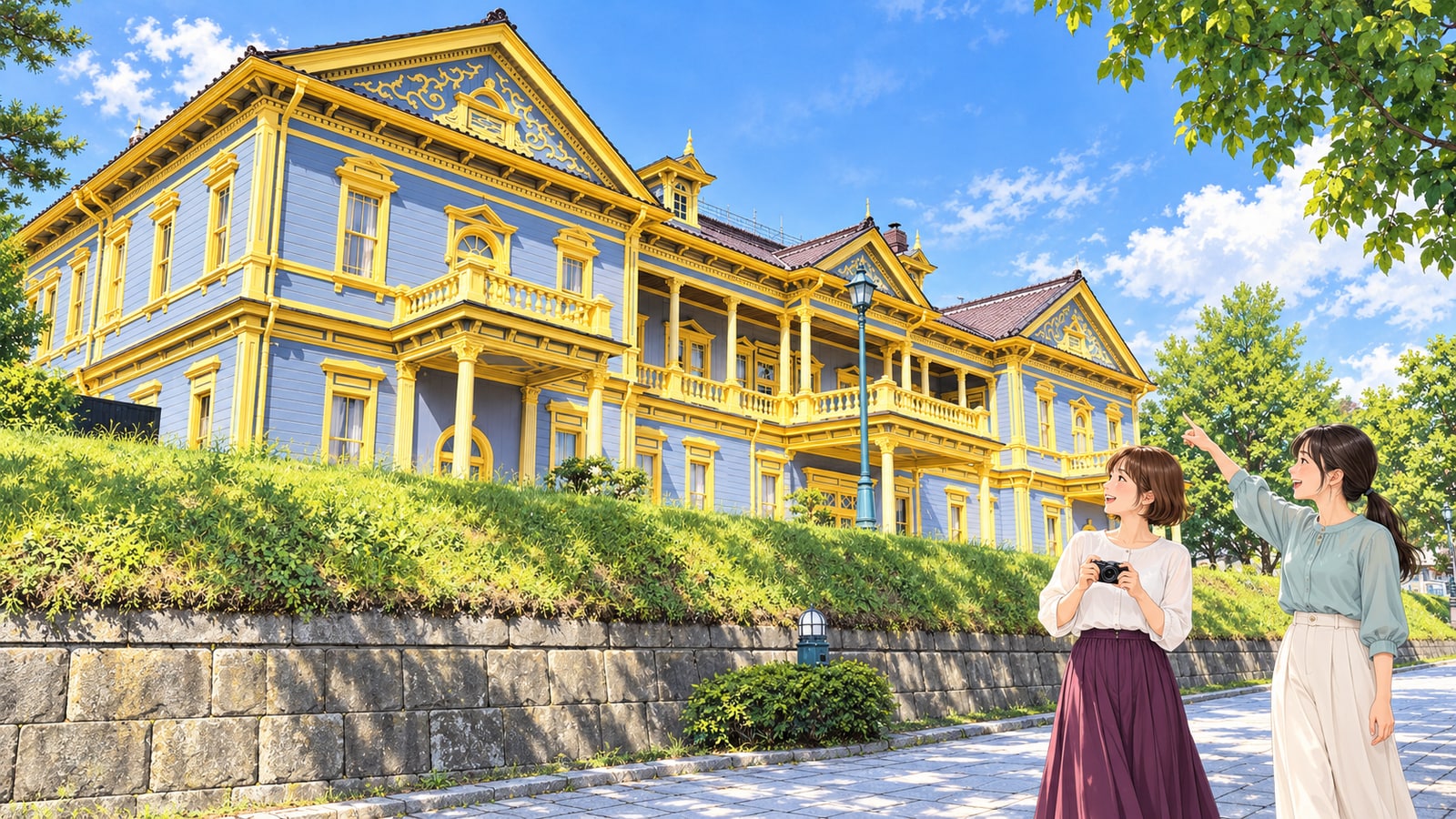 青灰色の壁と黄色い縁取りがある旧函館区公会堂と、二人の旅行者のイラスト
