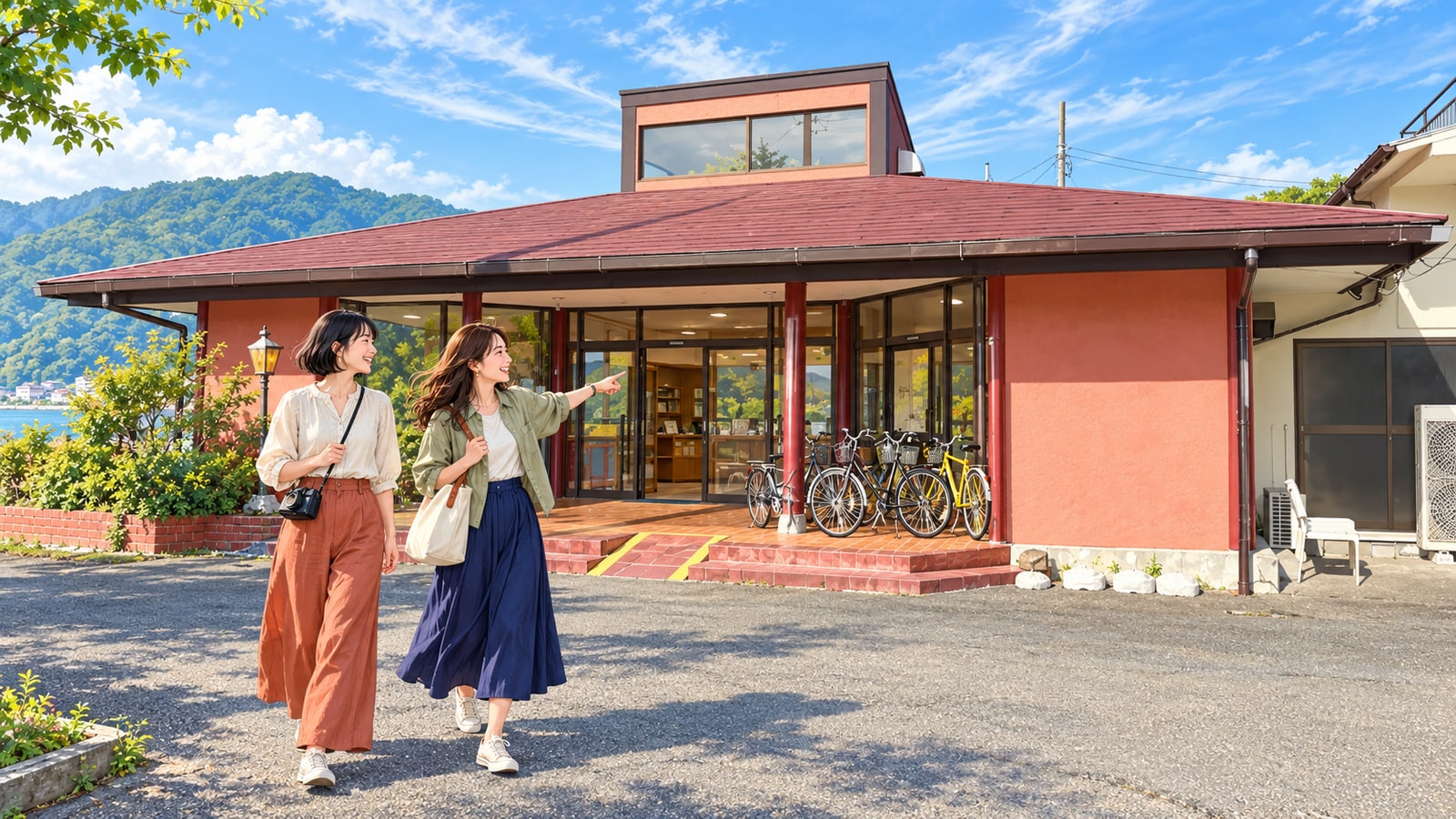 淡いピンク色の三の浦総合案内所と並んだ自転車、二人の旅行者のイラスト