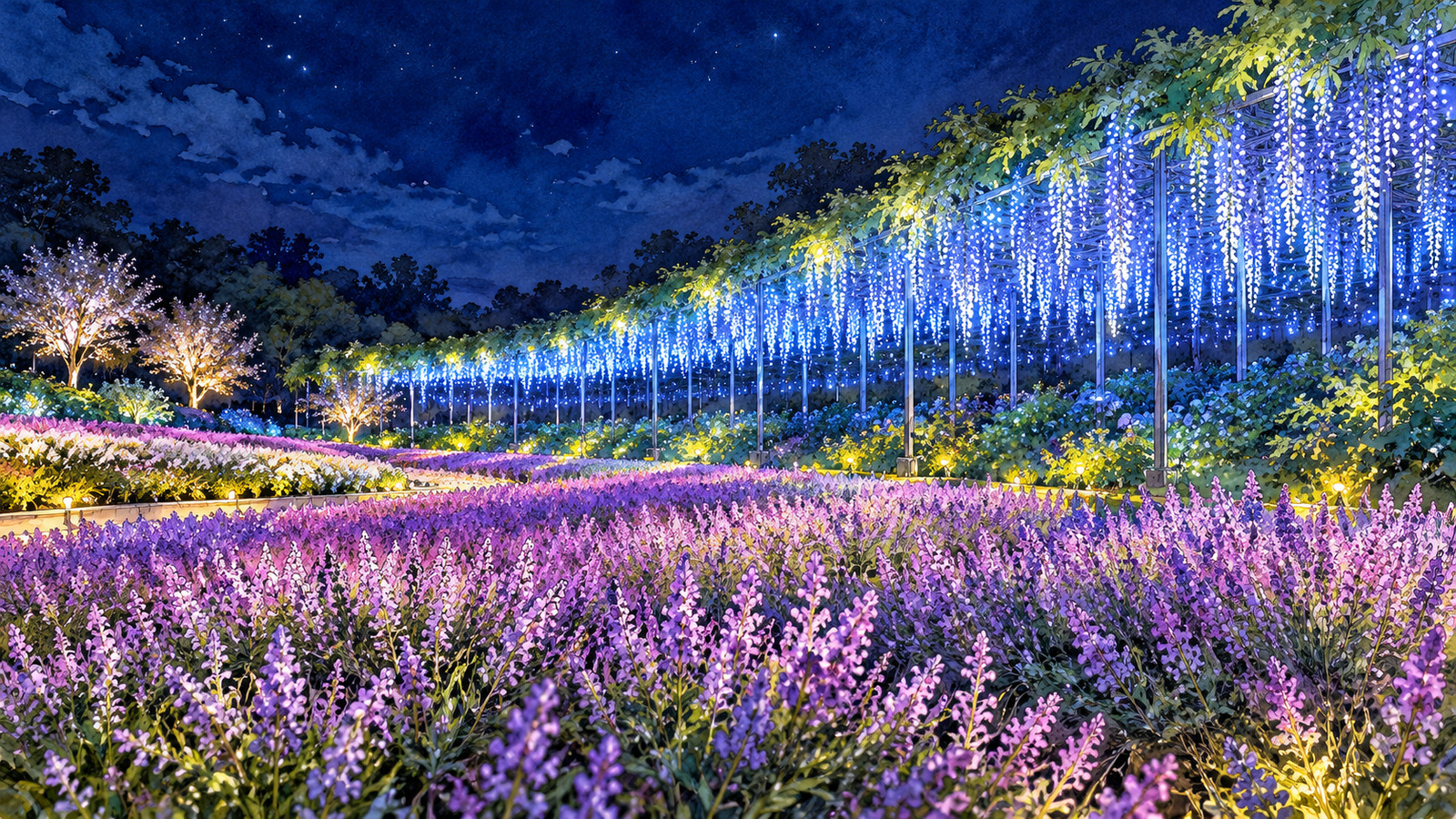 あしかがフラワーパークの光の藤棚と前景の花々を描いたイラスト