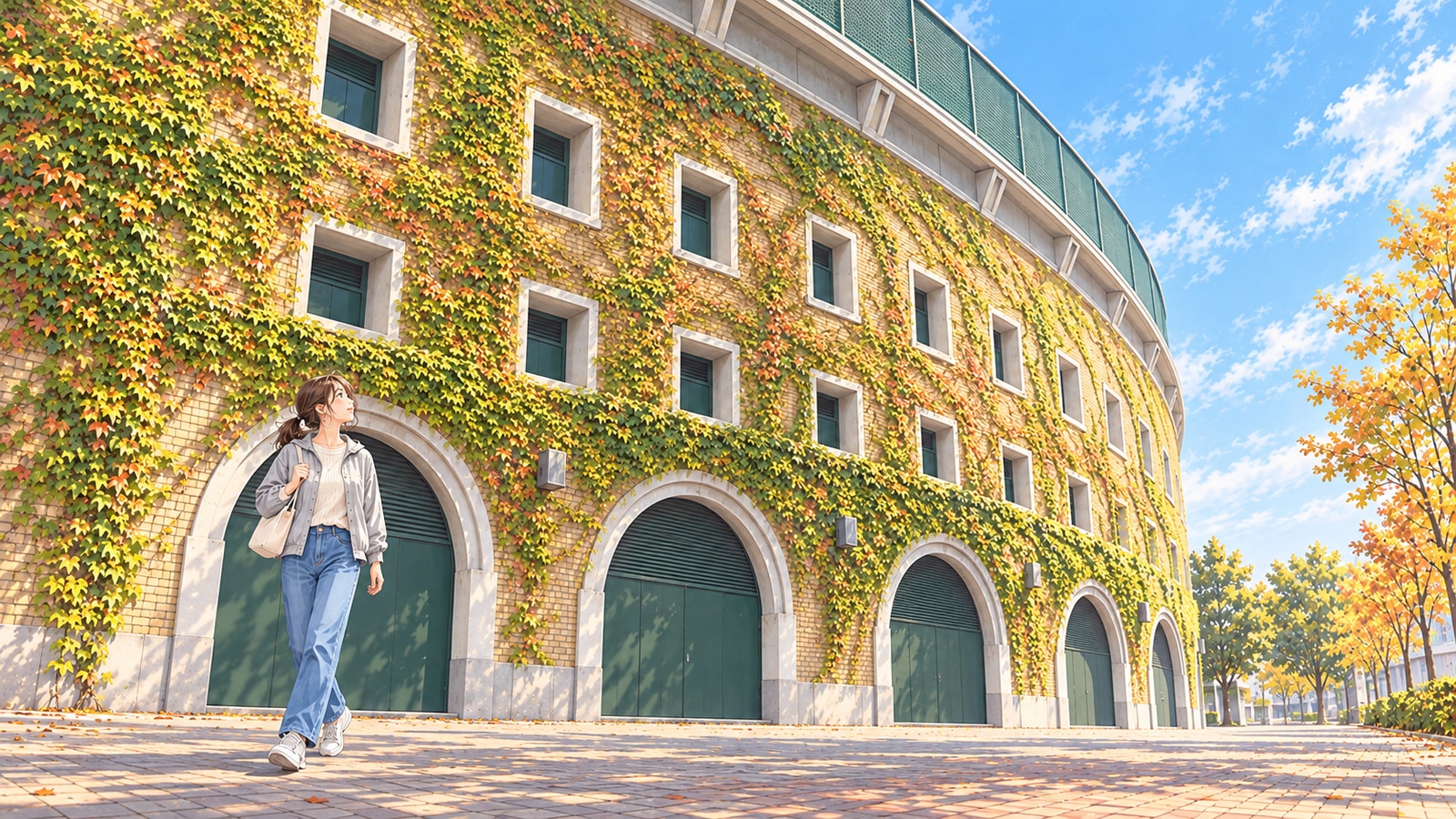 阪神甲子園球場のつたが絡むれんが外壁と緑のアーチ扉の前を歩く女性のイラスト