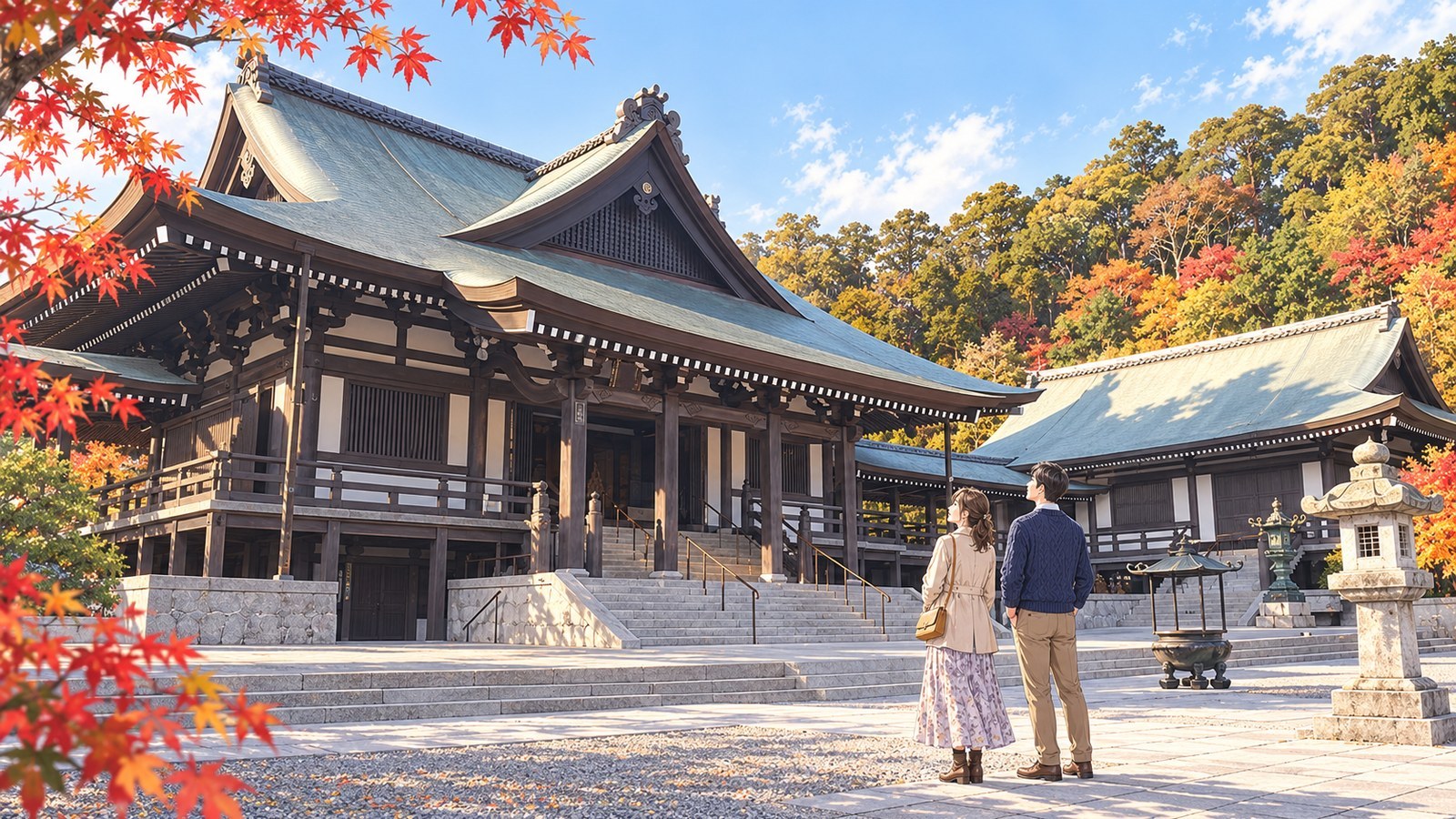 紅葉に囲まれた法多山の本堂を見上げる男女