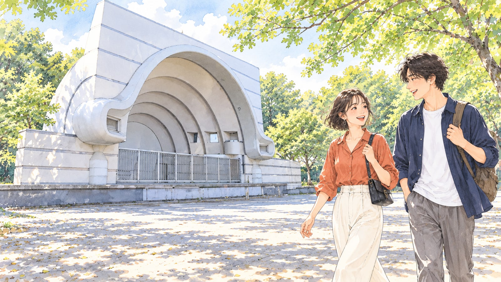 代々木公園B地区の白い野外ステージと、広場を歩く二人のイラスト